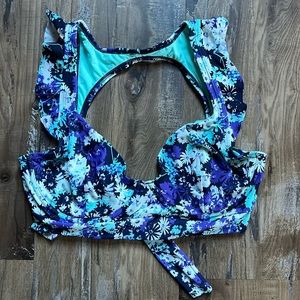 Adore Me Blue Floral Wired Ruffle Trim Bikini Top